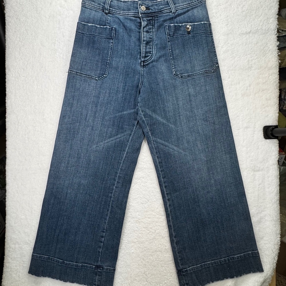 Pilcro and the Letterpress Wide Leg Crop Jeans Blue Button Fly Patch Pocket 30